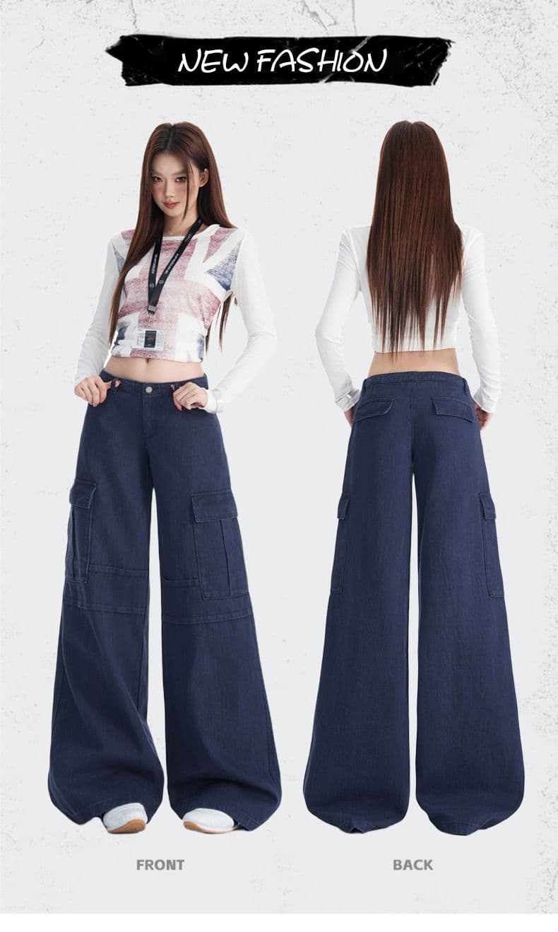 실사 워크웨어 팬츠 순면 전체 대나무 원단 아메리칸 레트로 청바지 여성 새로운 넓은 다리 캐주얼 청바지 상세 이미지 1