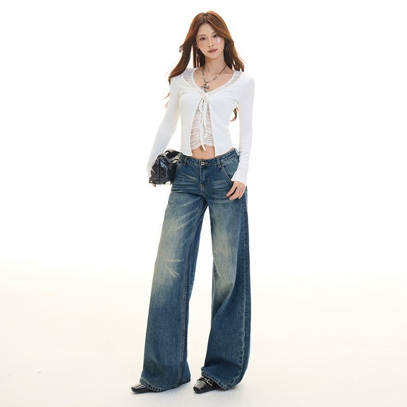 실사 레트로 워싱 마 오래된 디자인 로우 웨이스트 스트레이트 청바지 루즈핏 아메리칸 가을 겨울 새로운 이미지 4