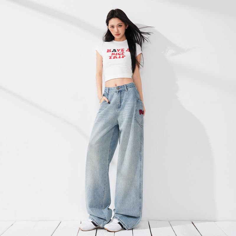 실사 아메리칸 레트로 모통이 칼 데님 알파벳 수건 자수 패치워크 루즈핏 넓은 다리 청바지 긴 바지 길이 연장