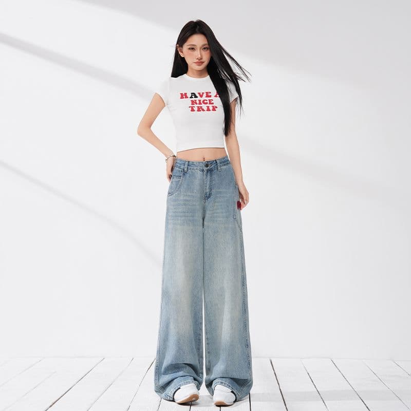 실사 아메리칸 레트로 모통이 칼 데님 알파벳 수건 자수 패치워크 루즈핏 넓은 다리 청바지 긴 바지 길이 연장 이미지 5