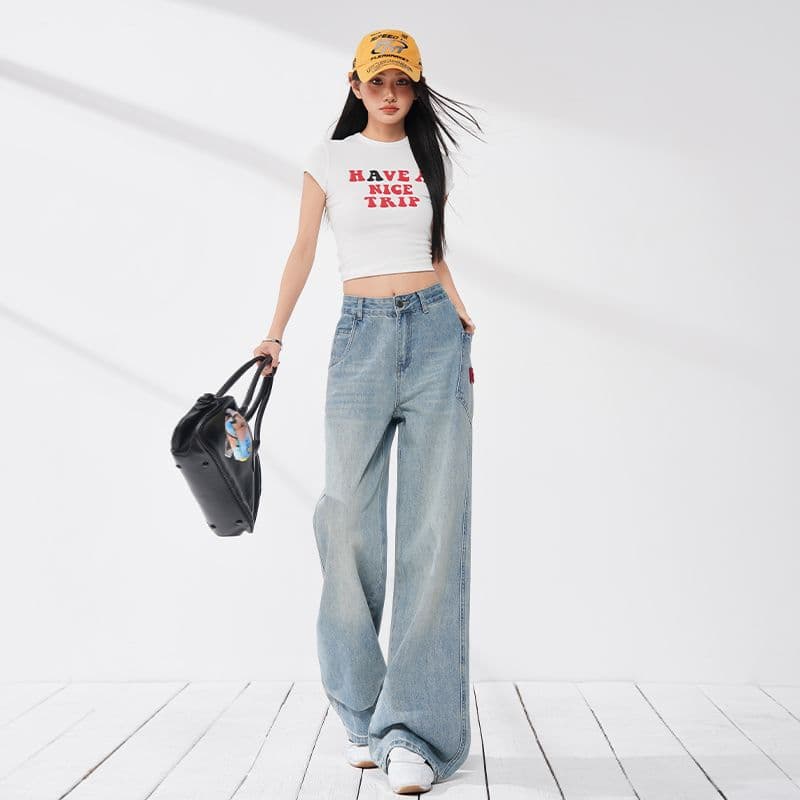 실사 아메리칸 레트로 모통이 칼 데님 알파벳 수건 자수 패치워크 루즈핏 넓은 다리 청바지 긴 바지 길이 연장 이미지 4