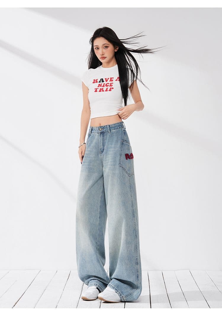 실사 아메리칸 레트로 모통이 칼 데님 알파벳 수건 자수 패치워크 루즈핏 넓은 다리 청바지 긴 바지 길이 연장 상세 이미지 12