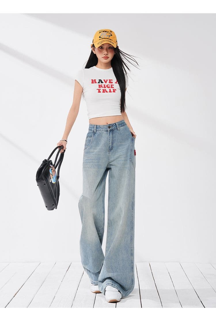 실사 아메리칸 레트로 모통이 칼 데님 알파벳 수건 자수 패치워크 루즈핏 넓은 다리 청바지 긴 바지 길이 연장 상세 이미지 16