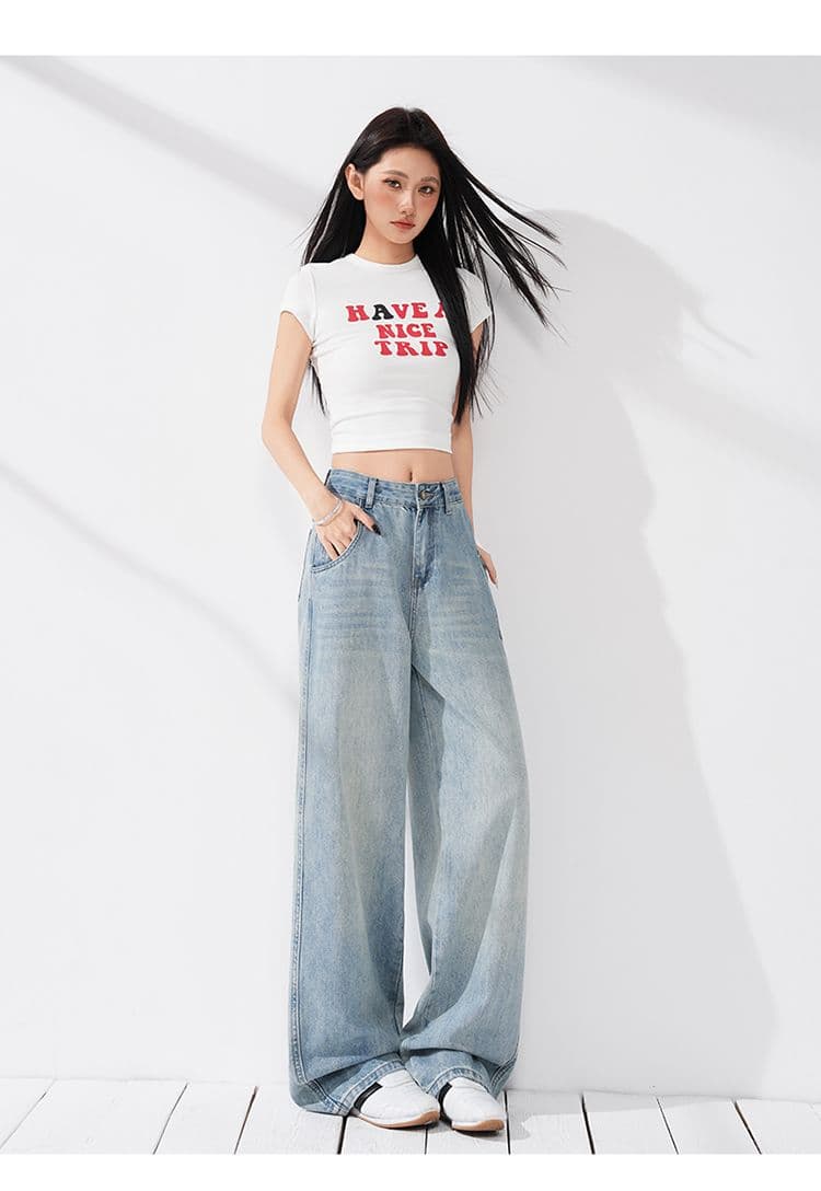 실사 아메리칸 레트로 모통이 칼 데님 알파벳 수건 자수 패치워크 루즈핏 넓은 다리 청바지 긴 바지 길이 연장 상세 이미지 17