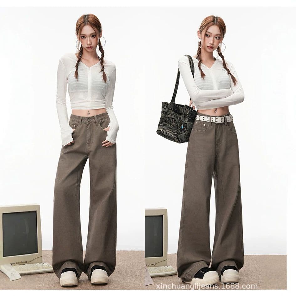 실사 아메리칸 레트로 카키 색 여성 루즈핏 불모지 바람 스트레이트 청바지 긴 바지 길이 연장 이미지 4