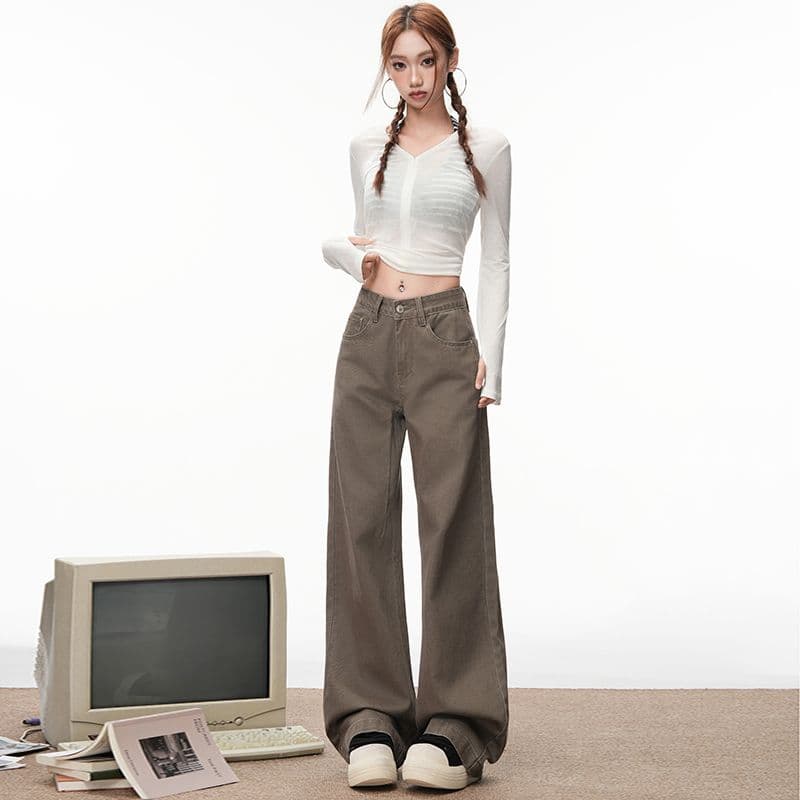 실사 아메리칸 레트로 카키 색 여성 루즈핏 불모지 바람 스트레이트 청바지 긴 바지 길이 연장