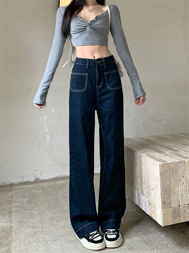 실사 주머니 디자인 센스 표지 넓적 다리 스트레이트 팬츠 여성 진한 파란색 다용도 청바지 바닥 청소 바지 긴 바지 이미지 2