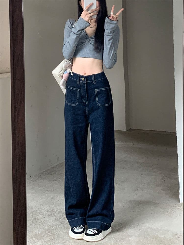 실사 주머니 디자인 센스 표지 넓적 다리 스트레이트 팬츠 여성 진한 파란색 다용도 청바지 바닥 청소 바지 긴 바지 이미지 3