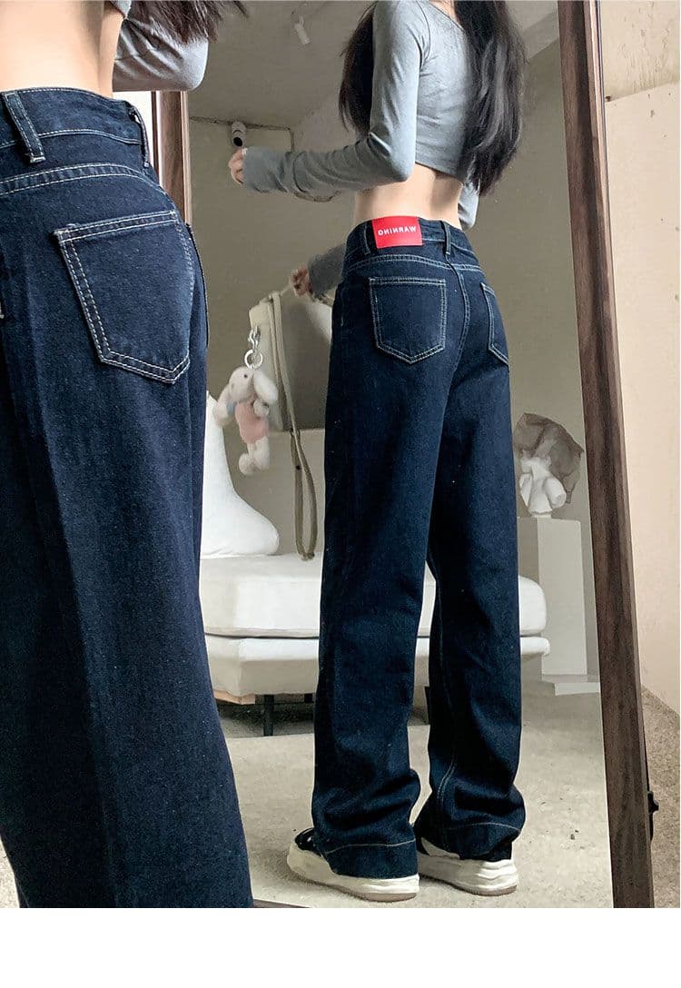 실사 주머니 디자인 센스 표지 넓적 다리 스트레이트 팬츠 여성 진한 파란색 다용도 청바지 바닥 청소 바지 긴 바지 상세 이미지 3