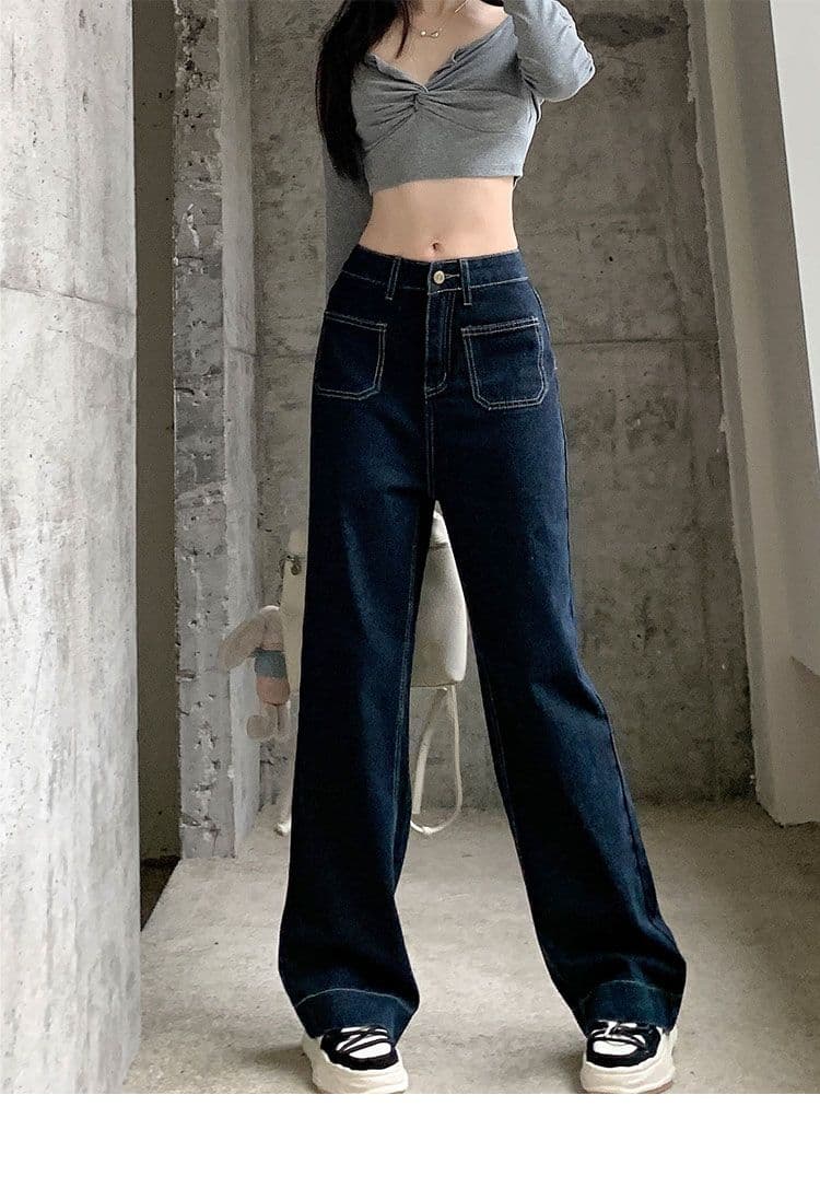 실사 주머니 디자인 센스 표지 넓적 다리 스트레이트 팬츠 여성 진한 파란색 다용도 청바지 바닥 청소 바지 긴 바지 상세 이미지 4