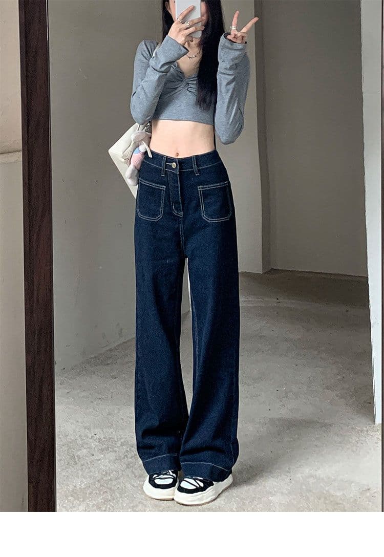실사 주머니 디자인 센스 표지 넓적 다리 스트레이트 팬츠 여성 진한 파란색 다용도 청바지 바닥 청소 바지 긴 바지 상세 이미지 8