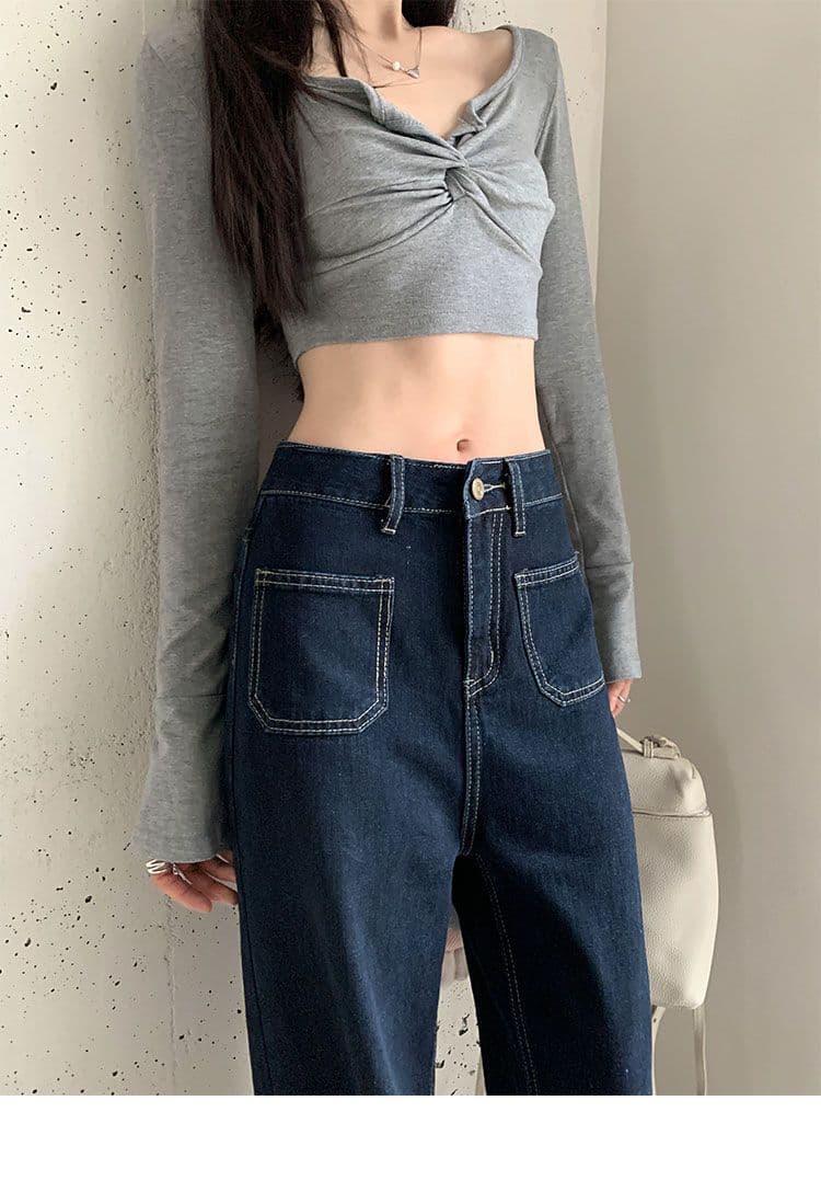 실사 주머니 디자인 센스 표지 넓적 다리 스트레이트 팬츠 여성 진한 파란색 다용도 청바지 바닥 청소 바지 긴 바지 상세 이미지 9
