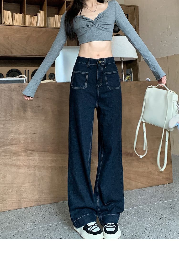 실사 주머니 디자인 센스 표지 넓적 다리 스트레이트 팬츠 여성 진한 파란색 다용도 청바지 바닥 청소 바지 긴 바지 상세 이미지 10