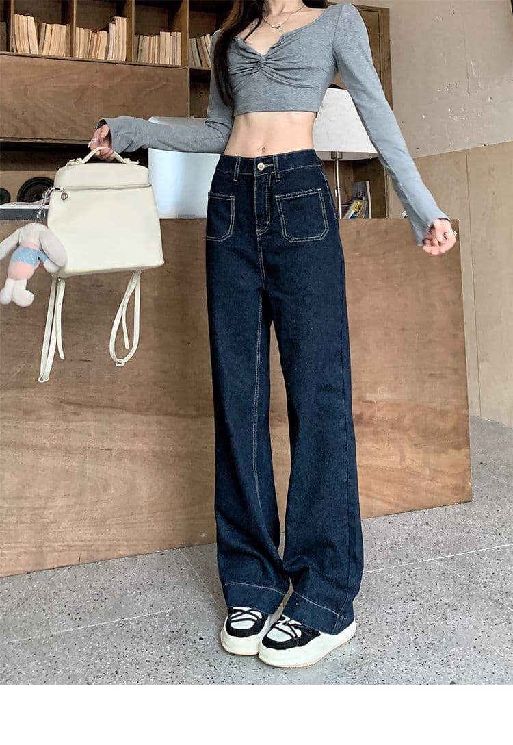 실사 주머니 디자인 센스 표지 넓적 다리 스트레이트 팬츠 여성 진한 파란색 다용도 청바지 바닥 청소 바지 긴 바지 상세 이미지 11