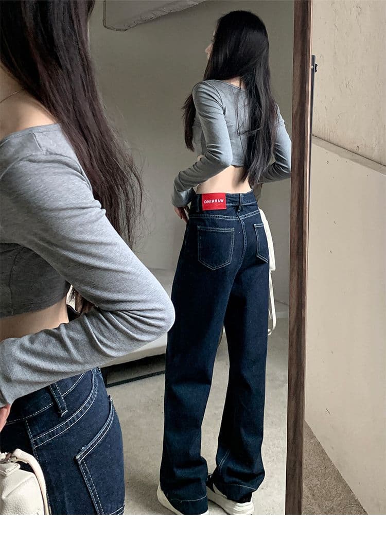 실사 주머니 디자인 센스 표지 넓적 다리 스트레이트 팬츠 여성 진한 파란색 다용도 청바지 바닥 청소 바지 긴 바지 상세 이미지 16