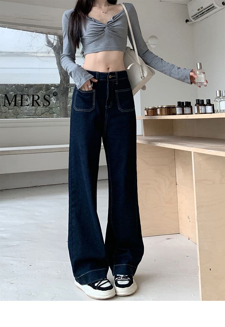 실사 주머니 디자인 센스 표지 넓적 다리 스트레이트 팬츠 여성 진한 파란색 다용도 청바지 바닥 청소 바지 긴 바지 상세 이미지 17