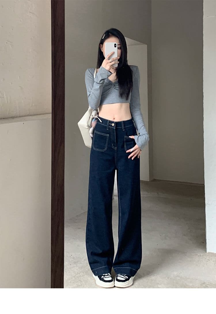 실사 주머니 디자인 센스 표지 넓적 다리 스트레이트 팬츠 여성 진한 파란색 다용도 청바지 바닥 청소 바지 긴 바지 상세 이미지 18