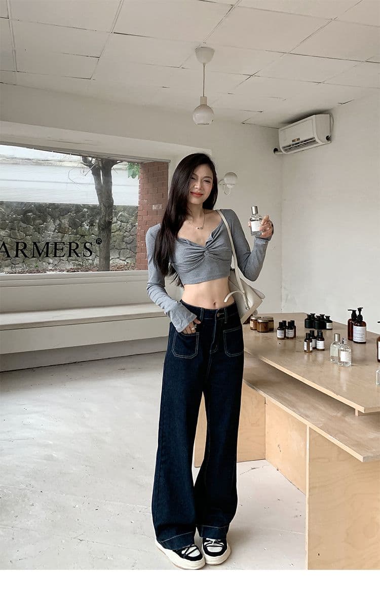 실사 주머니 디자인 센스 표지 넓적 다리 스트레이트 팬츠 여성 진한 파란색 다용도 청바지 바닥 청소 바지 긴 바지 상세 이미지 19