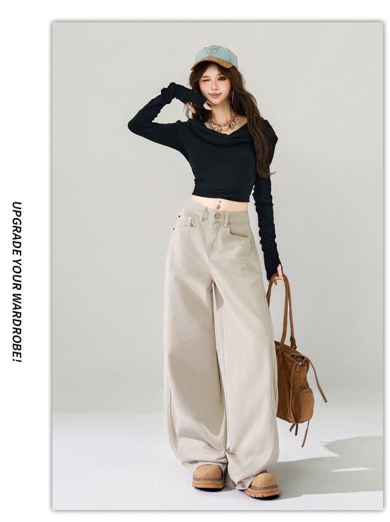 실사 가을 겨울 폭발 핏 스타일 슈퍼 좋은 한 바람 미니멀리즘 슈퍼 부드러운 순면 원단 넓은 다리 청바지 여성 상세 이미지 12