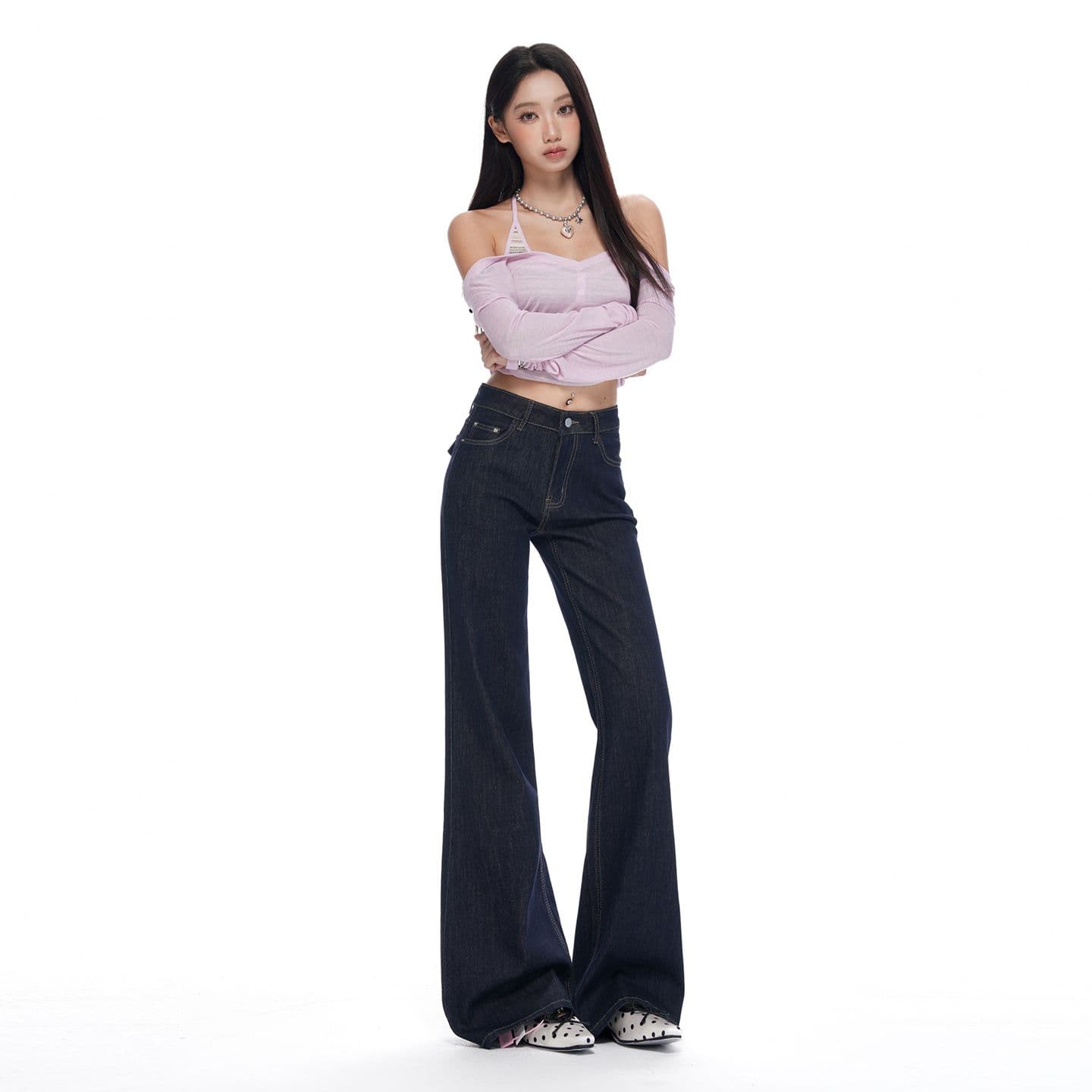 실사 아니요 막대기 다리 부츠컷 청바지 2026 가을 단 닝 블루 슈퍼 화재 표지 넓적 다리 신축성 슬림해 보이는 경기 나팔 바지 이미지 3