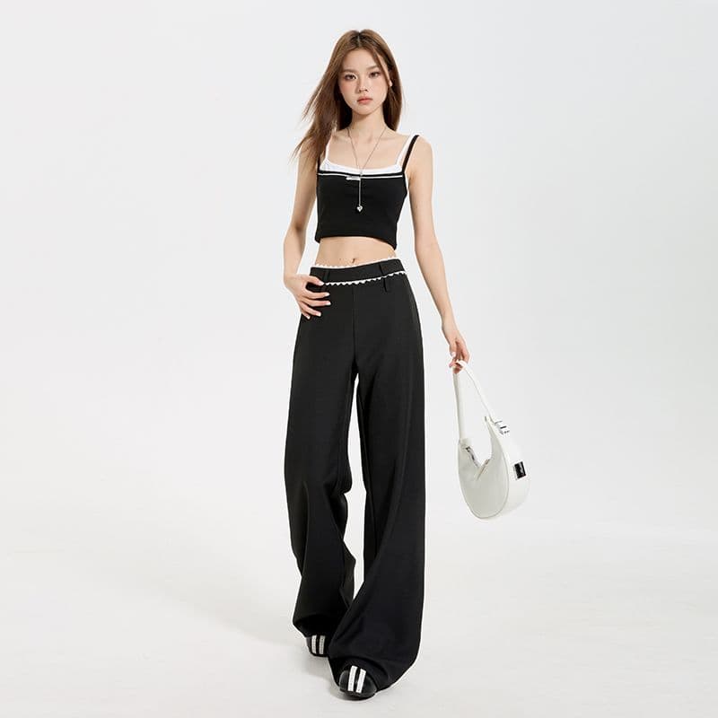 실사 검정색 아메리칸 레이스업 와이드 레그 팬츠 2025 여름 새로운 루즈핏 자수 로우 웨이스트 캐주얼 부츠컷 긴 바지 이미지 2