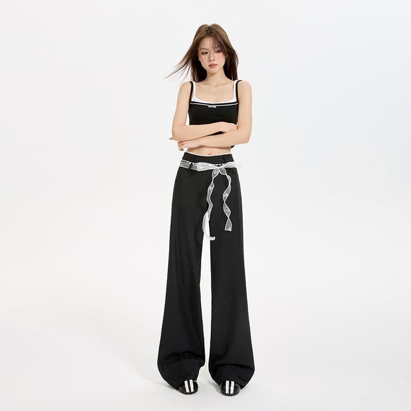 실사 검정색 아메리칸 레이스업 와이드 레그 팬츠 2025 여름 새로운 루즈핏 자수 로우 웨이스트 캐주얼 부츠컷 긴 바지