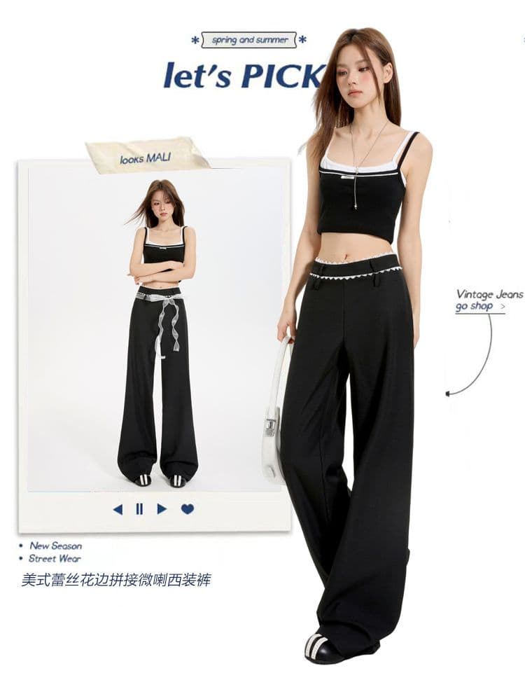 실사 검정색 아메리칸 레이스업 와이드 레그 팬츠 2025 여름 새로운 루즈핏 자수 로우 웨이스트 캐주얼 부츠컷 긴 바지 상세 이미지 1