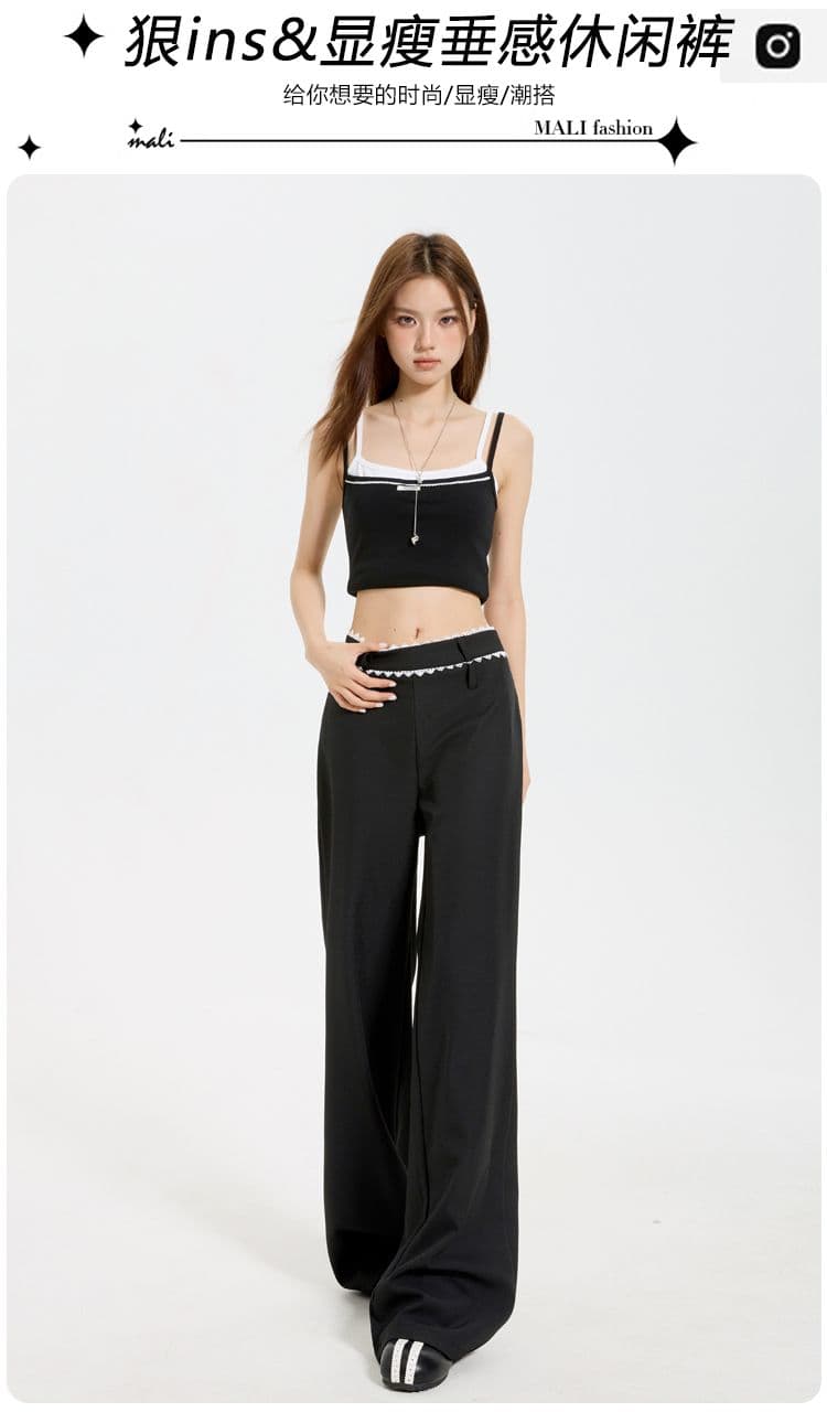 실사 검정색 아메리칸 레이스업 와이드 레그 팬츠 2025 여름 새로운 루즈핏 자수 로우 웨이스트 캐주얼 부츠컷 긴 바지 상세 이미지 2