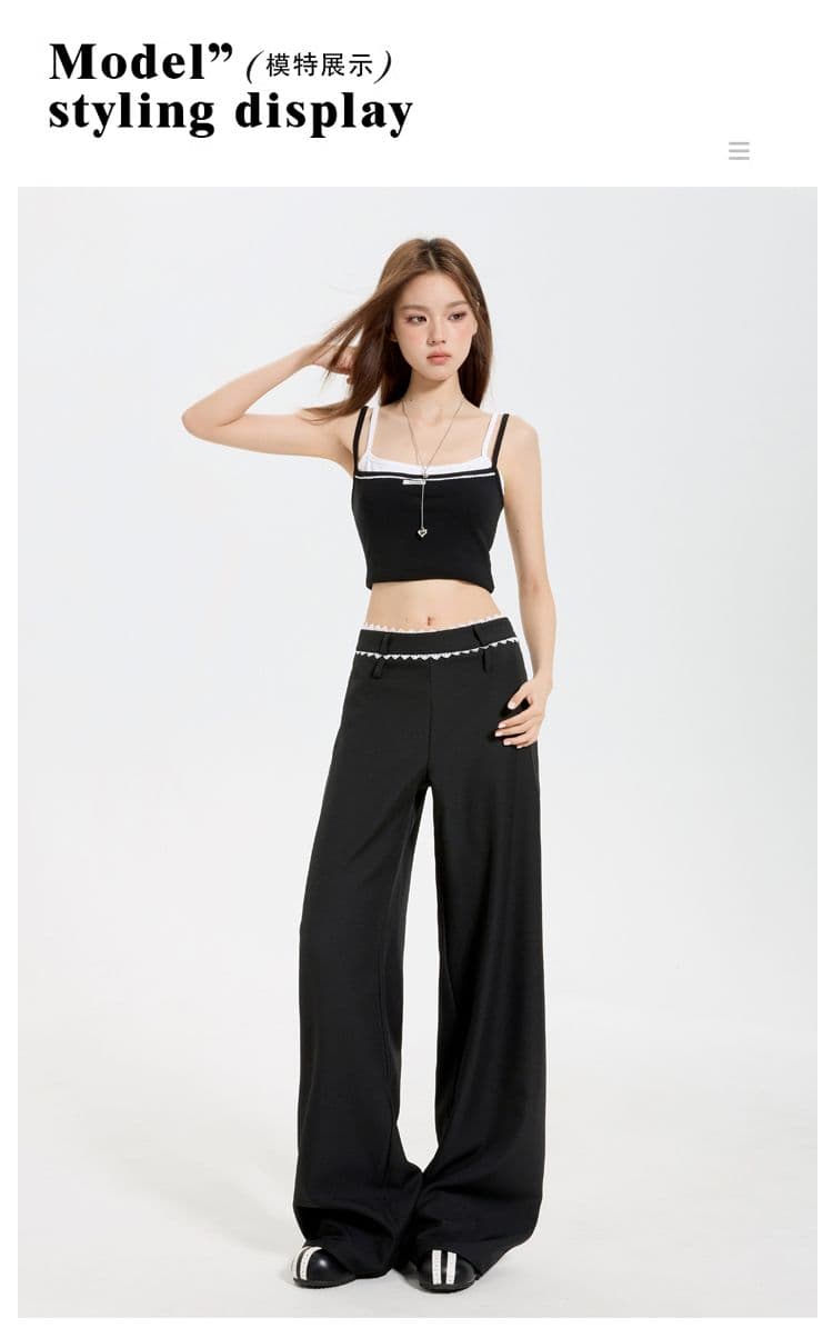 실사 검정색 아메리칸 레이스업 와이드 레그 팬츠 2025 여름 새로운 루즈핏 자수 로우 웨이스트 캐주얼 부츠컷 긴 바지 상세 이미지 8