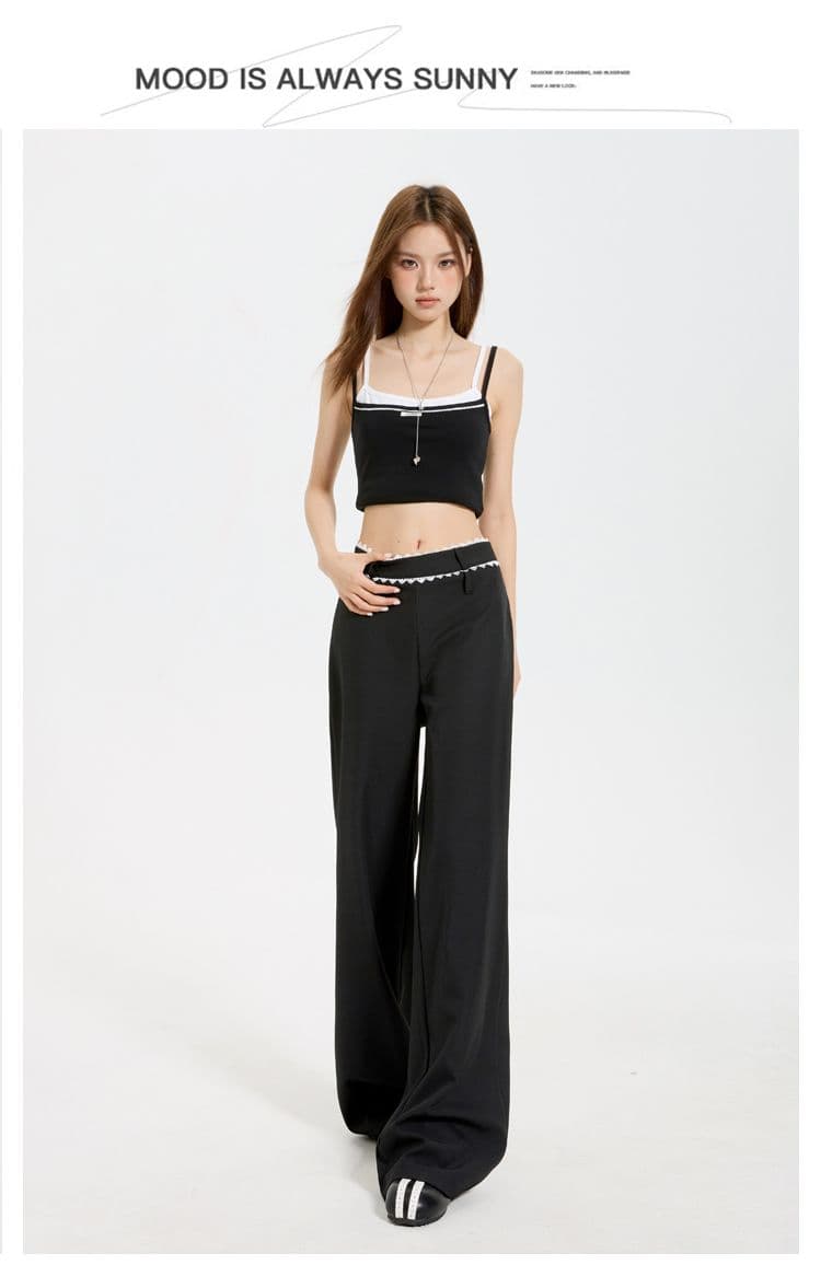 실사 검정색 아메리칸 레이스업 와이드 레그 팬츠 2025 여름 새로운 루즈핏 자수 로우 웨이스트 캐주얼 부츠컷 긴 바지 상세 이미지 9