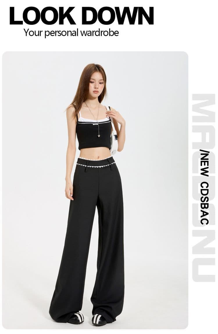 실사 검정색 아메리칸 레이스업 와이드 레그 팬츠 2025 여름 새로운 루즈핏 자수 로우 웨이스트 캐주얼 부츠컷 긴 바지 상세 이미지 10