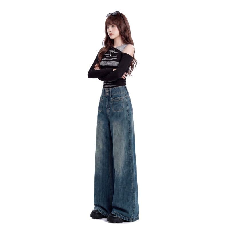 실사 아메리칸 루즈핏 와이드 레그 팬츠 이전 더블 주머니 디자인 진한 파란색 하이웨이스트 바닥 청소 바지 xs-xl 이미지 4