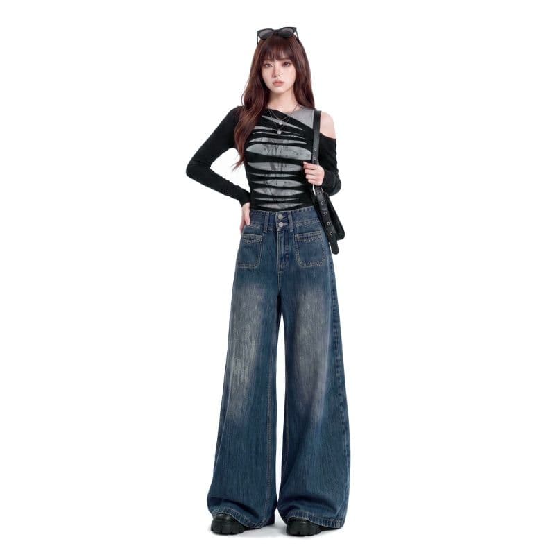 실사 아메리칸 루즈핏 와이드 레그 팬츠 이전 더블 주머니 디자인 진한 파란색 하이웨이스트 바닥 청소 바지 xs-xl