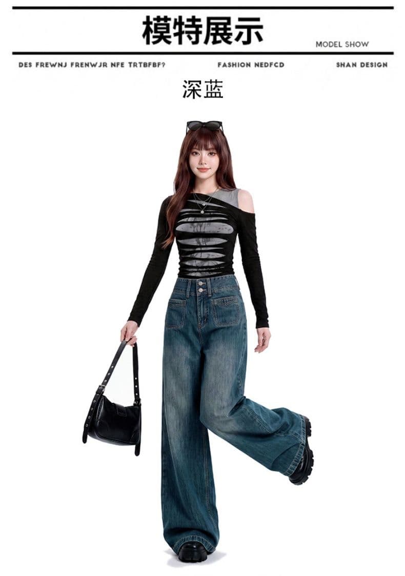 실사 아메리칸 루즈핏 와이드 레그 팬츠 이전 더블 주머니 디자인 진한 파란색 하이웨이스트 바닥 청소 바지 xs-xl 상세 이미지 12