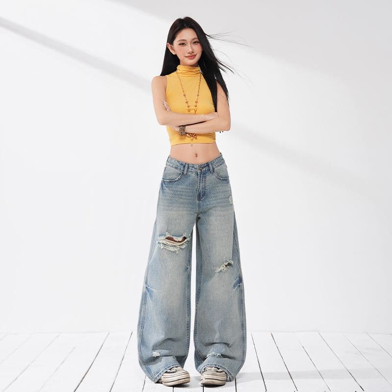 실사 이른 가을 찢어진 부분 레트로 루즈핏 와이드 레그 팬츠 트렌디 차가운 모통이 칼 루즈핏 청바지 여성