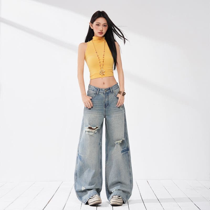 실사 이른 가을 찢어진 부분 레트로 루즈핏 와이드 레그 팬츠 트렌디 차가운 모통이 칼 루즈핏 청바지 여성 이미지 5