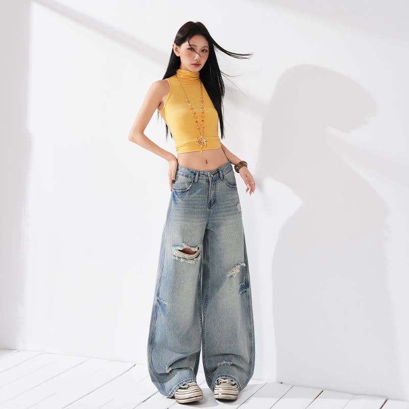 실사 이른 가을 찢어진 부분 레트로 루즈핏 와이드 레그 팬츠 트렌디 차가운 모통이 칼 루즈핏 청바지 여성 이미지 2