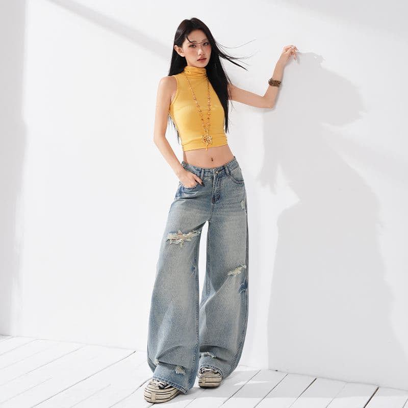 실사 이른 가을 찢어진 부분 레트로 루즈핏 와이드 레그 팬츠 트렌디 차가운 모통이 칼 루즈핏 청바지 여성 이미지 4