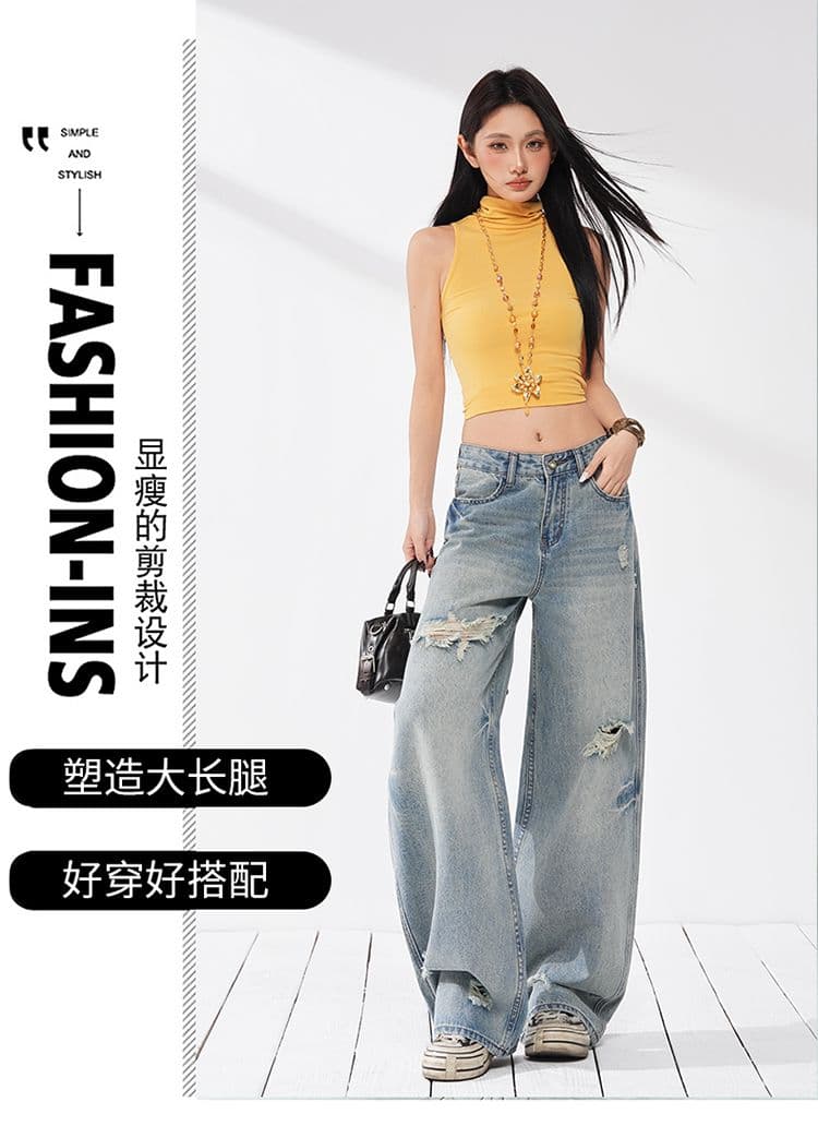 실사 이른 가을 찢어진 부분 레트로 루즈핏 와이드 레그 팬츠 트렌디 차가운 모통이 칼 루즈핏 청바지 여성 상세 이미지 1