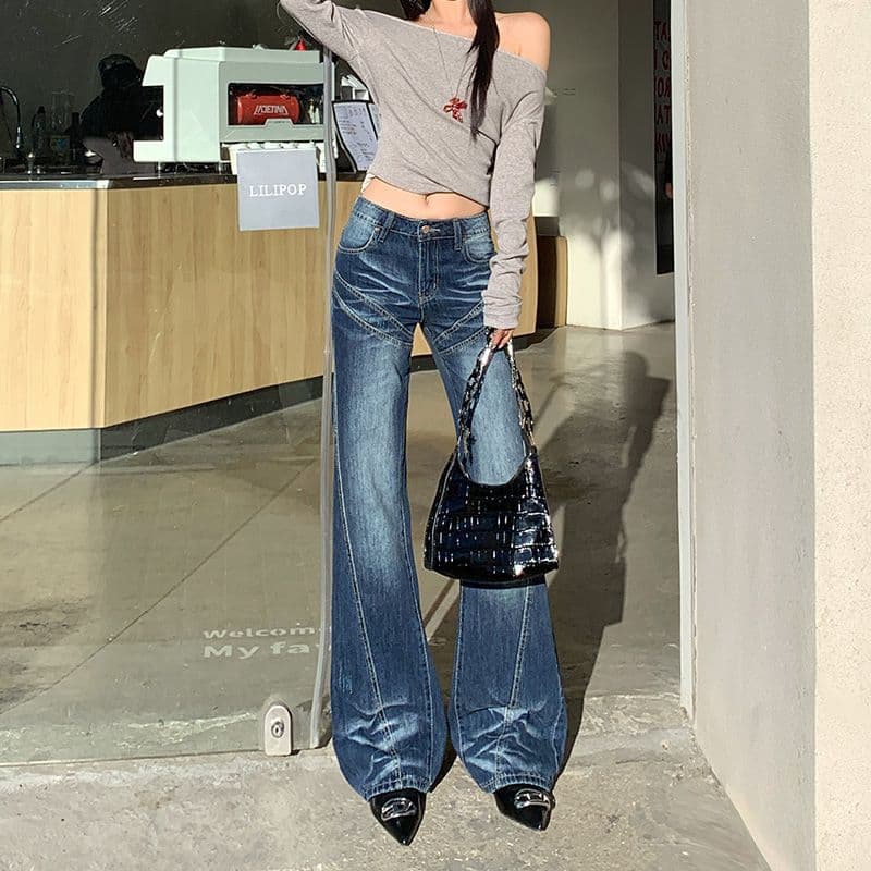 실사 가을 의상 아메리칸 레트로 마이크로 나팔 없음 폭탄 청바지 여성 하이웨이스트 핫걸 청바지 긴 바지 플러스 긴 바지 이미지 3