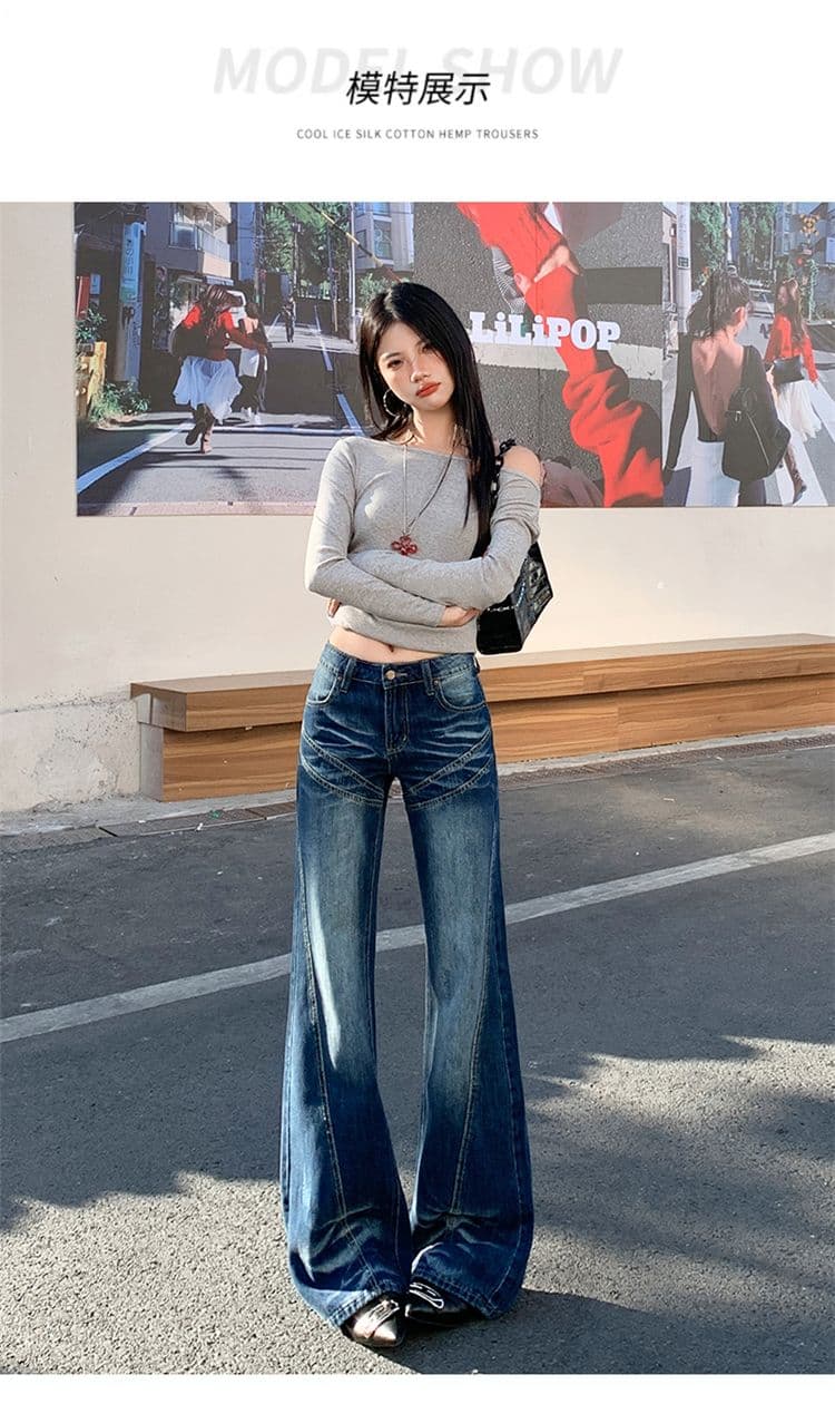 실사 가을 의상 아메리칸 레트로 마이크로 나팔 없음 폭탄 청바지 여성 하이웨이스트 핫걸 청바지 긴 바지 플러스 긴 바지 상세 이미지 9
