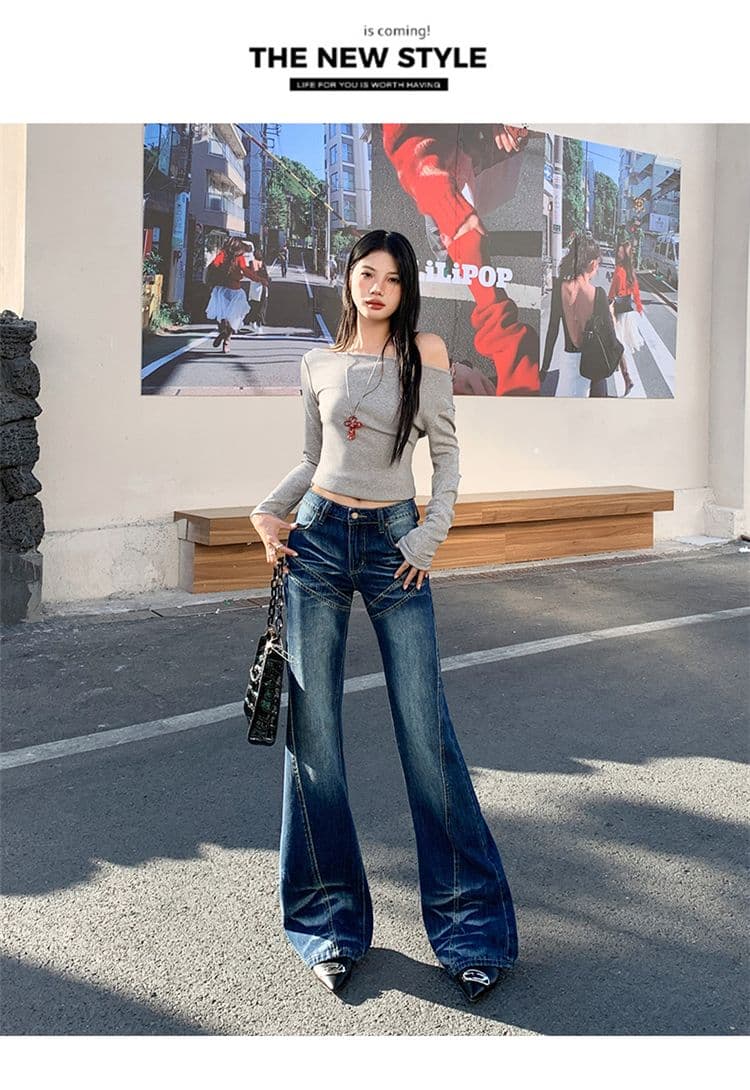 실사 가을 의상 아메리칸 레트로 마이크로 나팔 없음 폭탄 청바지 여성 하이웨이스트 핫걸 청바지 긴 바지 플러스 긴 바지 상세 이미지 11