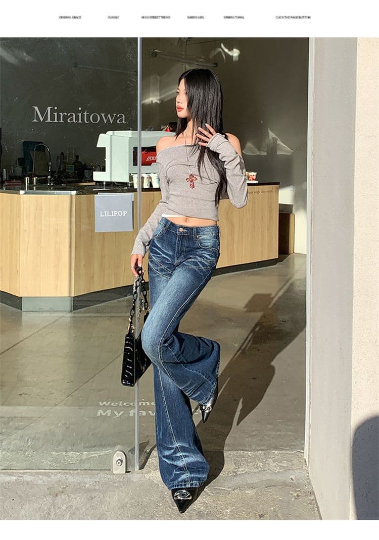 실사 가을 의상 아메리칸 레트로 마이크로 나팔 없음 폭탄 청바지 여성 하이웨이스트 핫걸 청바지 긴 바지 플러스 긴 바지 상세 이미지 13