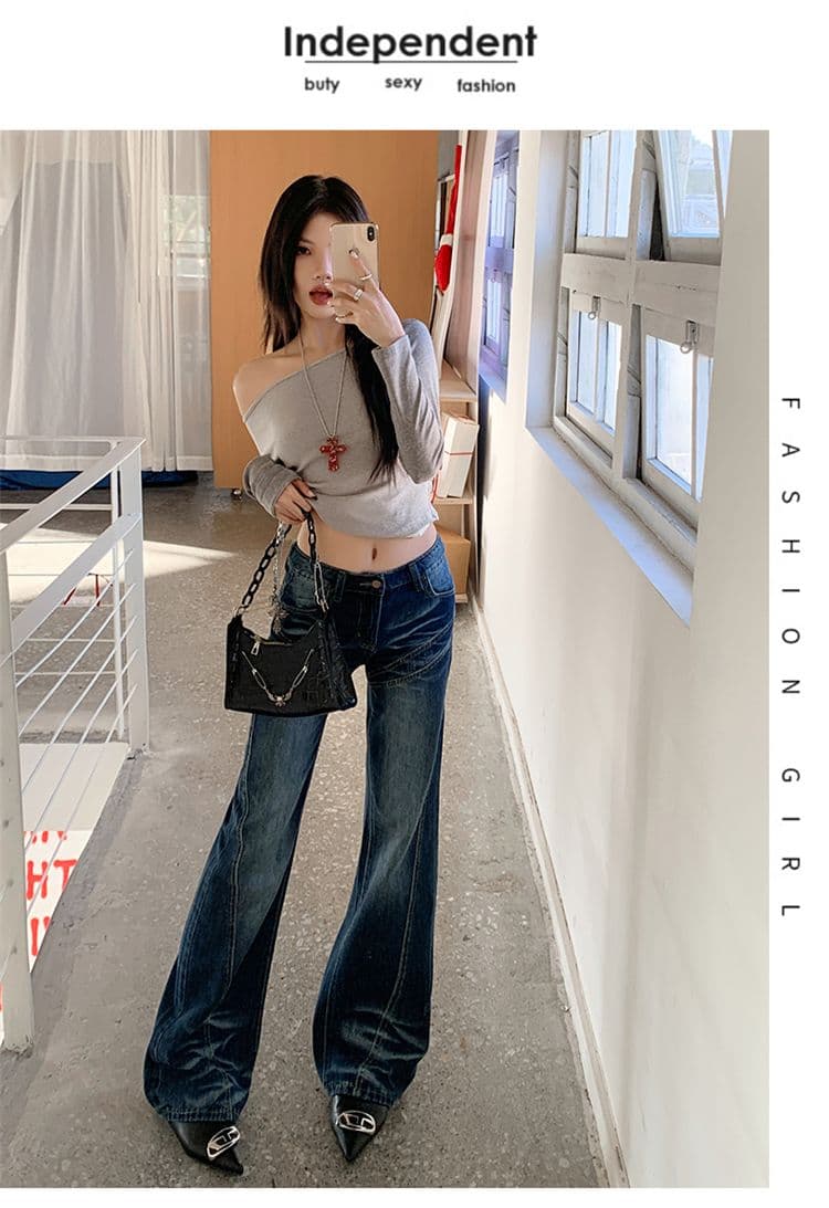 실사 가을 의상 아메리칸 레트로 마이크로 나팔 없음 폭탄 청바지 여성 하이웨이스트 핫걸 청바지 긴 바지 플러스 긴 바지 상세 이미지 15