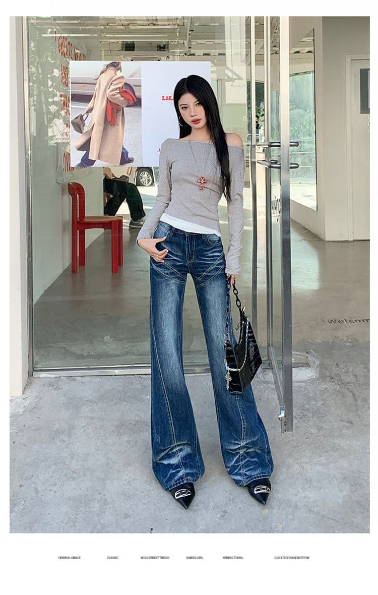 실사 가을 의상 아메리칸 레트로 마이크로 나팔 없음 폭탄 청바지 여성 하이웨이스트 핫걸 청바지 긴 바지 플러스 긴 바지 상세 이미지 17