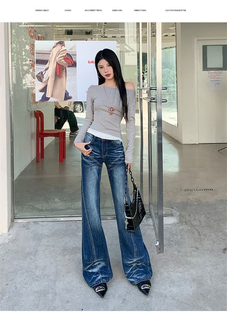 실사 가을 의상 아메리칸 레트로 마이크로 나팔 없음 폭탄 청바지 여성 하이웨이스트 핫걸 청바지 긴 바지 플러스 긴 바지 상세 이미지 18