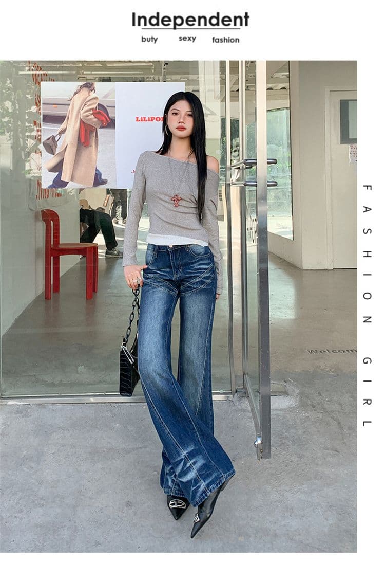 실사 가을 의상 아메리칸 레트로 마이크로 나팔 없음 폭탄 청바지 여성 하이웨이스트 핫걸 청바지 긴 바지 플러스 긴 바지 상세 이미지 20