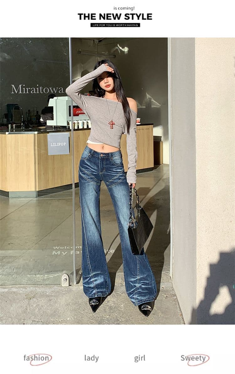 실사 가을 의상 아메리칸 레트로 마이크로 나팔 없음 폭탄 청바지 여성 하이웨이스트 핫걸 청바지 긴 바지 플러스 긴 바지 상세 이미지 21