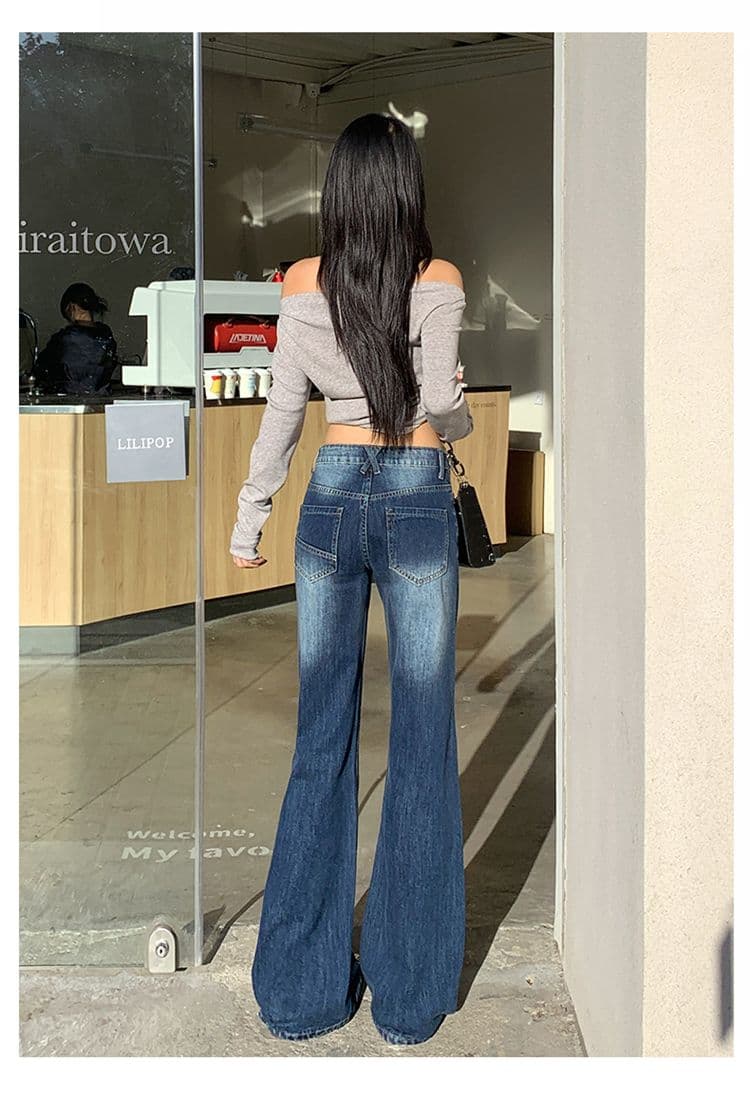 실사 가을 의상 아메리칸 레트로 마이크로 나팔 없음 폭탄 청바지 여성 하이웨이스트 핫걸 청바지 긴 바지 플러스 긴 바지 상세 이미지 22