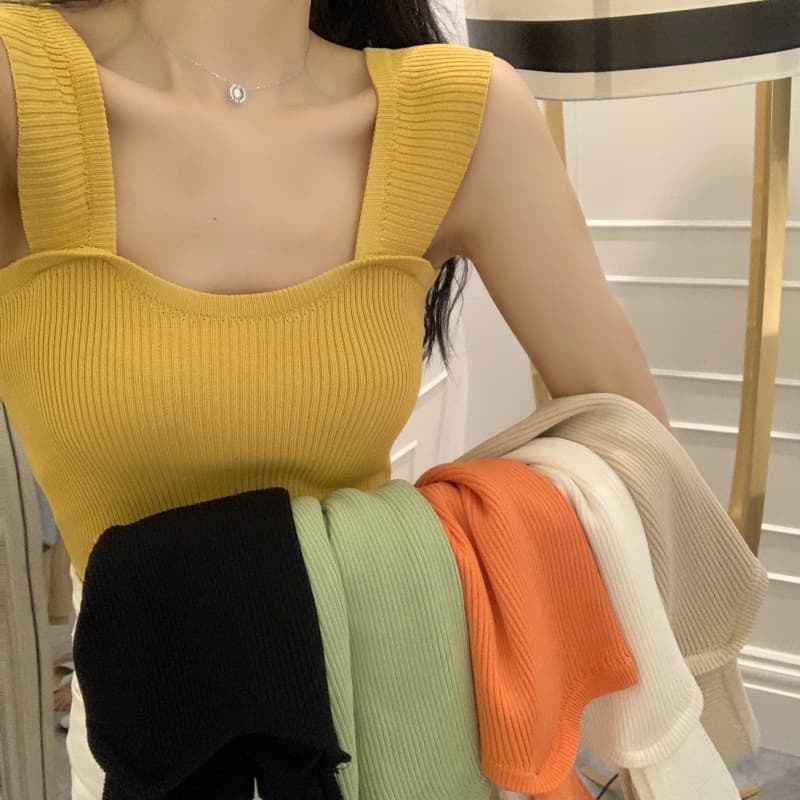 한 국풍 chic 밝은 색상 주황색 주황색 주황색 색상 미니멀리즘 다용도 색상 니트 작은 조끼 캐미솔 여름 맨위